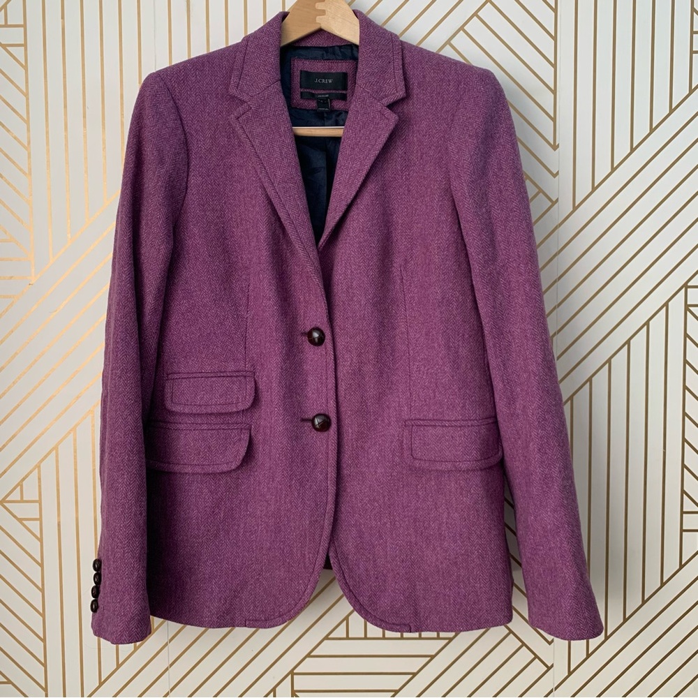 J. Crew 100% Wool Hack-ing Jacket Herringbone 
Tweed purple leather buttons 14 - Picture 9 of 9